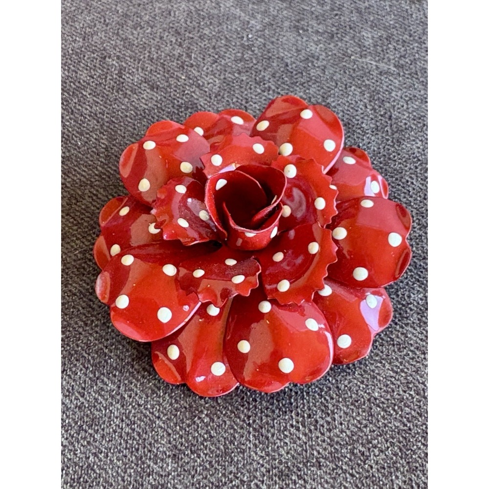 JOAN RIVERS Red Enamel Flower Brooch Pin with White Polka Dots - Picture 1 of 2